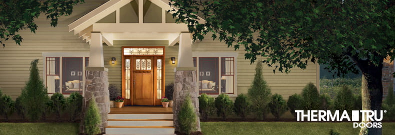 brown Thurma-Tru with wood appearance on a large white house at night