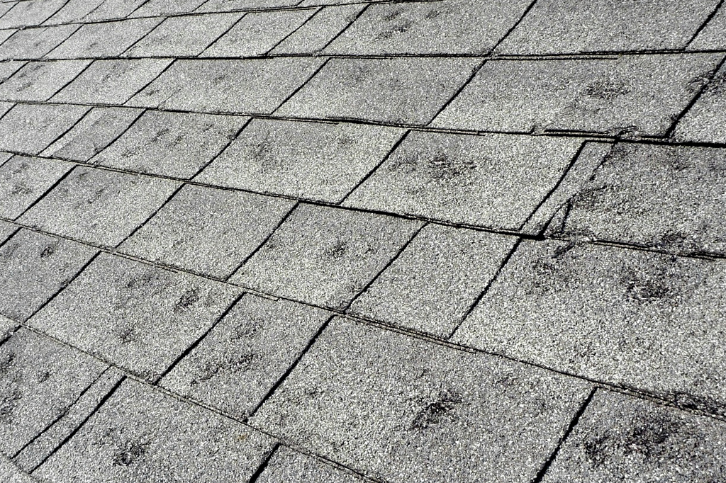 Home exterior in disrepair to roof, gutter, chimney, siding.